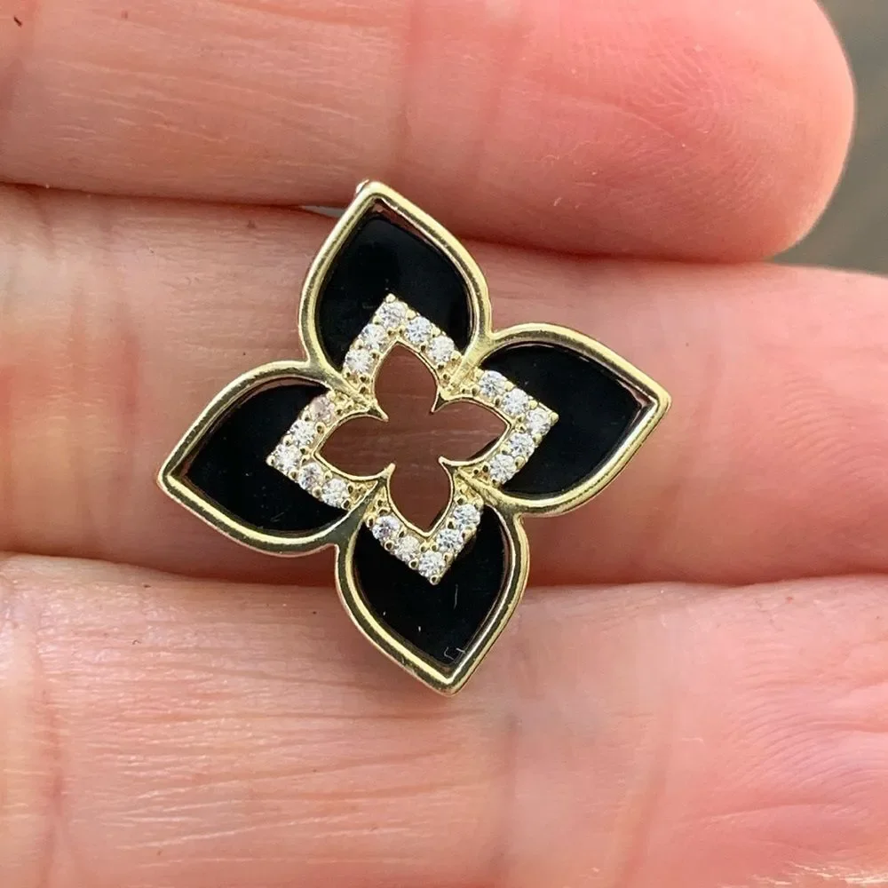 Black Enamel Quatrefoil Flower Stud Earrings with Crystal Accents